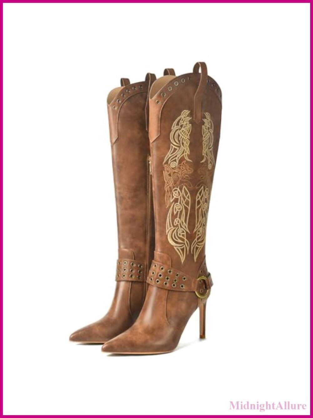 Western Cowboy Boots Knee High Stiletto Heel Embroidered Pointed Toe Zip